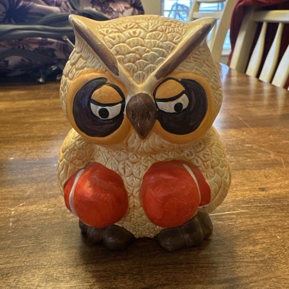 Vintage Enesco OWL Shaped Ceramic Coin Bank Wearing Red Boxing Gloves.